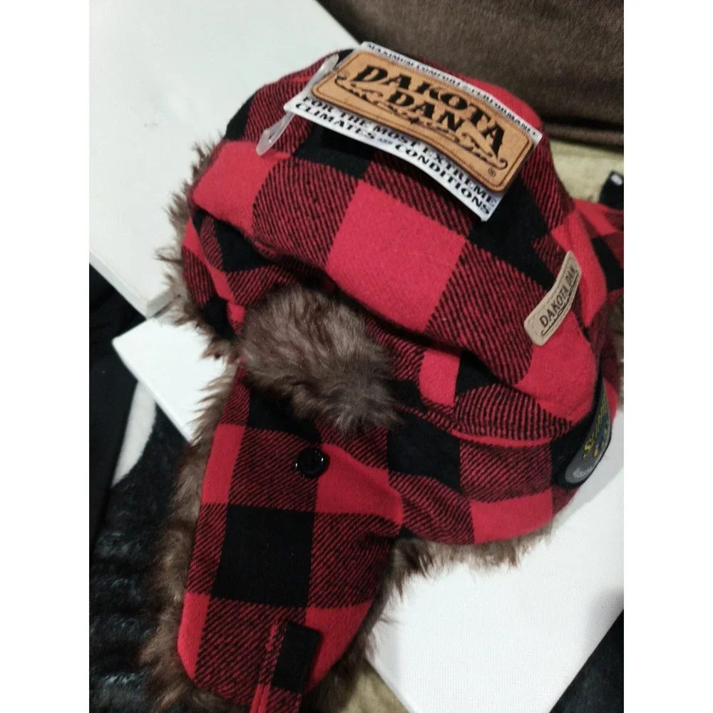 Dakota Dan Red Black PlaidTrapper Hat – Faux Fur Lined Winter Aviator Cap